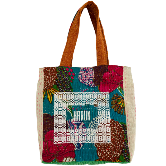 Botanical Midi Tote with Harun Emblem in Turquoise, White, & Tan Multi