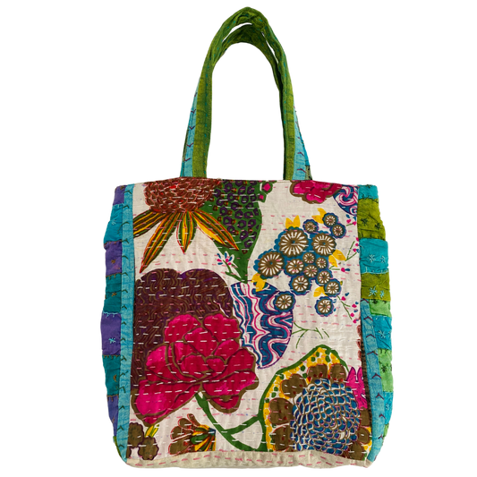 Botanical Midi Tote in Black, White, Turquoise, Green Multi