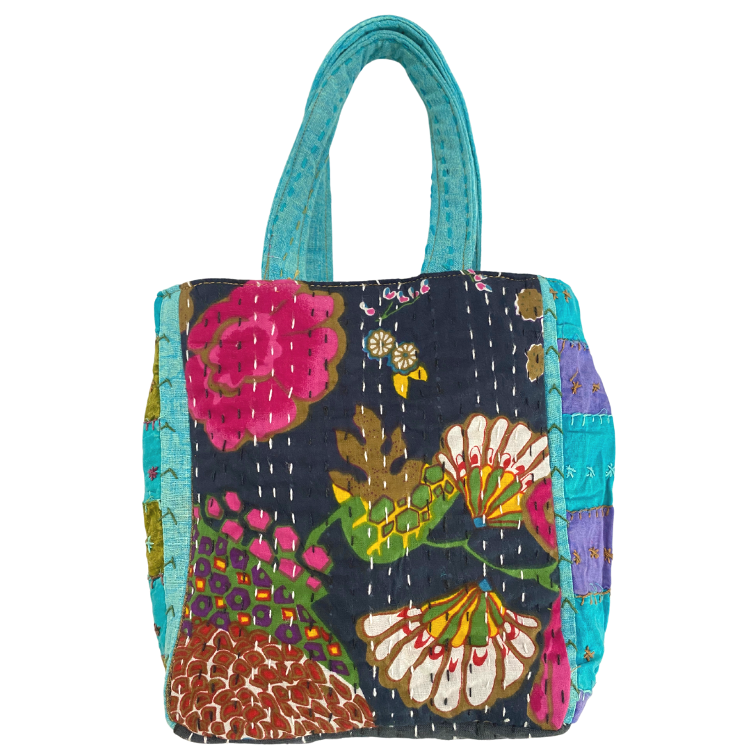 Botanical Mini Tote in Black & Turquoise Multi