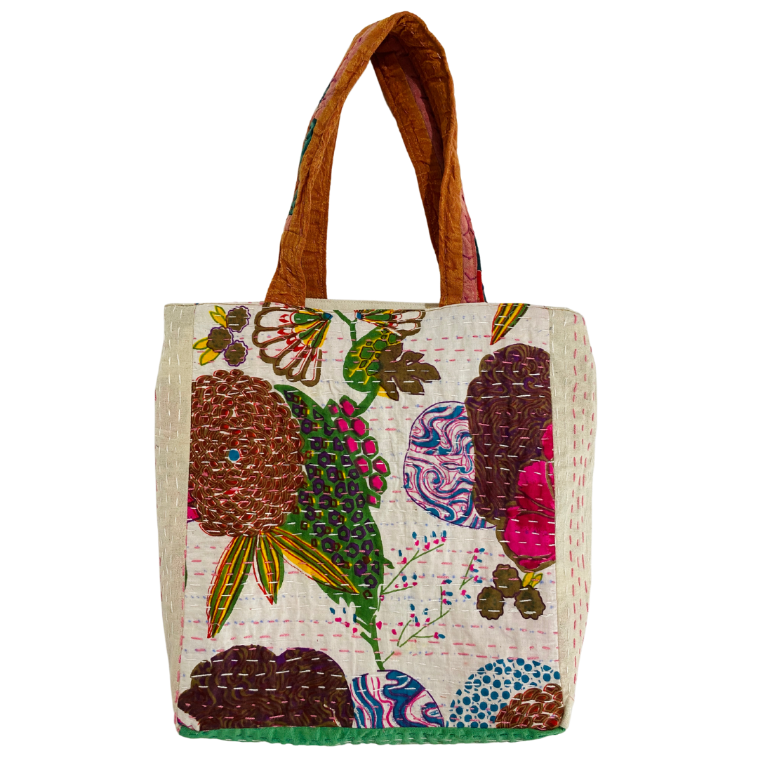 Botanical Midi Tote with Harun Emblem in Turquoise, White, & Tan Multi